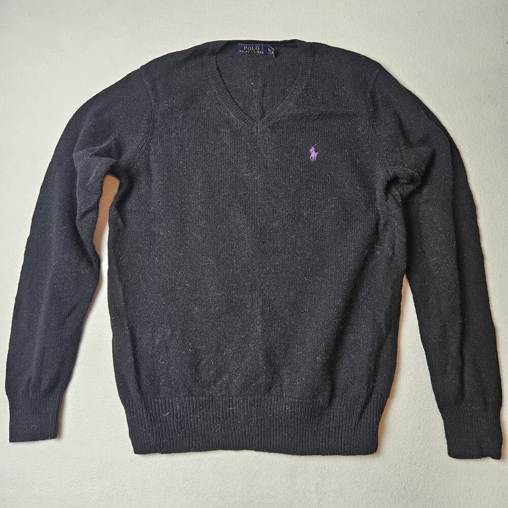 Polo Ralph Lauren Sweater 100% Wool Large Men's V-Neck Black